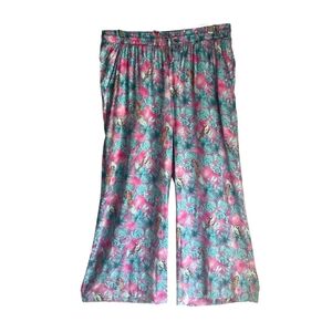 Margaritaville Large Pink Tropical Parrot Print Wide Leg Pull On Pants Palazzo